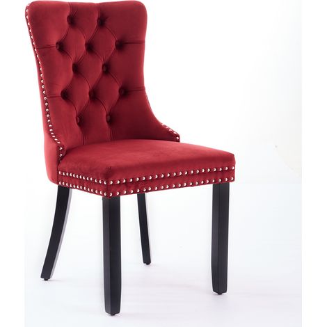 Chaises de salle à manger en velours bordeaux avec cadre en bois massif, dossier haut et rivets décoratifs, lot de 2 (1/5)