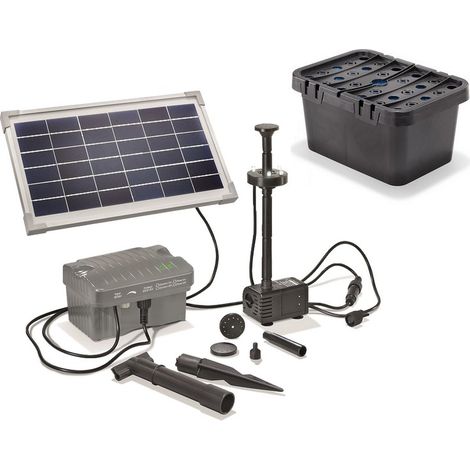 Esotec – Kit pompe solaire bassin 300L 8W – Avec batterie et filtre – Éclairage LED – Débit max 330L/h – Protection marche à sec