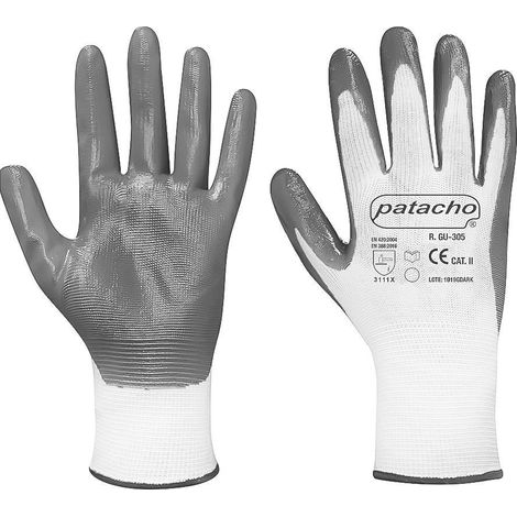 PATACHO guante nylon blanco nitrilo gris t-9 , Guante de nylon y nitrilo GU 305 Patacho Guante nylon blanco y nitrilo gris sin costuras de alta resistencia mecánica Dorso f (1/2)