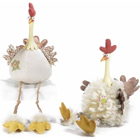 Polli di Pasqua decorativi in stoffa e lana con gambe e collo lunghi, set da 2 pezzi, cm15,5x18,5x28H (con gambe46)
