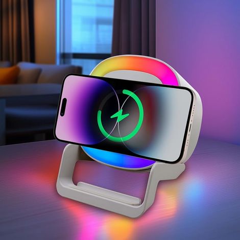 Haut-parleur Bluetooth 3 en 1 avec veilleuse tactile et station de charge de 15 W – Lumière LED à intensité variable, chargeur sans fil Qi pour garçons, filles et adolescents (1/5)