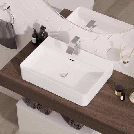 CECIPA MAX Lavabo in ceramica bianca 59 x 43 cm – Lavabo da appoggio e sospeso con troppopieno, inclusa piletta click-clack (1/5)