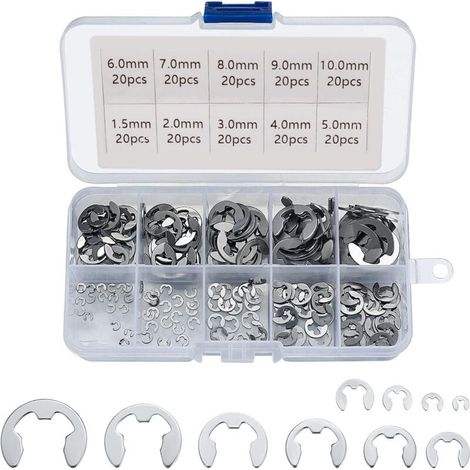 Anneaux élastiques externes en acier inoxydable 304, assortiment de 200 anneaux élastiques de 1,5/2/3/4/5/6/7/8/9/10 mm, usages divers. (1/4)