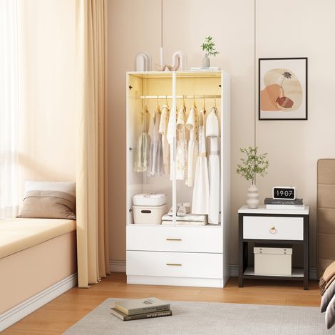 Armoire avec 2 portes vitrées et LED, 2 tiroirs et penderie, Meuble de rangement pour chambre à coucher, Blanc, 80x50x175cm