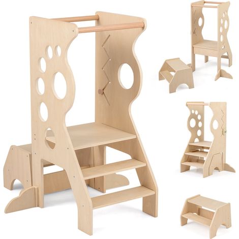 Torre di apprendimento per bambini 3 in 1 con sgabello a 2 gradini e barre di sicurezza