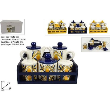 Trade Shop - SET 5 PZ MENAGE IN CERAMICA DECORATA FANTASIA MAIOLICA MIT SUPPORT EXPERIENCE -