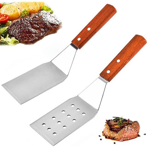Pièces Spatule BBQ lot de Spatules En Acier Inoxydable Spatule En Métal Acier Inoxydable Perforé Spatule à Griller avec Manche En Bois 33 pouces 3 c (1/4)