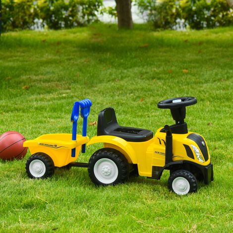 Tracteur électrique pour enfants avec coffre de rangement amovible, râteau et pelle, voiture pour enfants avec phares LED et klaxon, jaune (1/5)