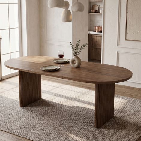 Table à manger extensible 140/200x90 cm avec coins arrondis et plateau épais, table à manger oval noyer pour 6 à 8 personnes
