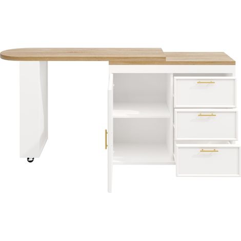 Table de bar avec fonction pivotante à 360°, étagères réglables et protection anti-basculement, 3 tiroirs et tablette latérale, table haute polyvalente pour salle à manger, salon et bureau à domicile (1/5)