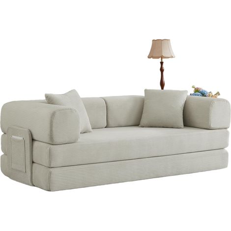 Divano letto convertibile in schiuma, velluto a coste beige, struttura in acciaio, 2 cuscini (1/5)