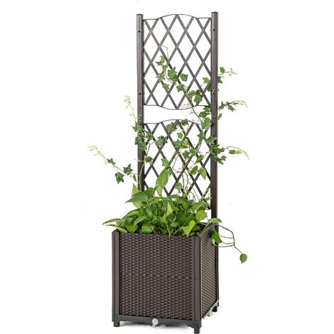 GOPLUS Jardinière Surélevée avec Treillis en Rotin PP, Bac à Fleurs avec Système d'Irrigation et Trous de Drainage, pour Plantes Grimpantes, Installation DIY (Marron,40x40x140cm) (1/5)