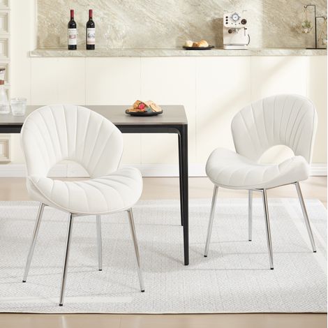 Silla de comedor de terciopelo, sin reposabrazos, con respaldo esculpido, patas de metal y estructura estable - color marfil (1/5)