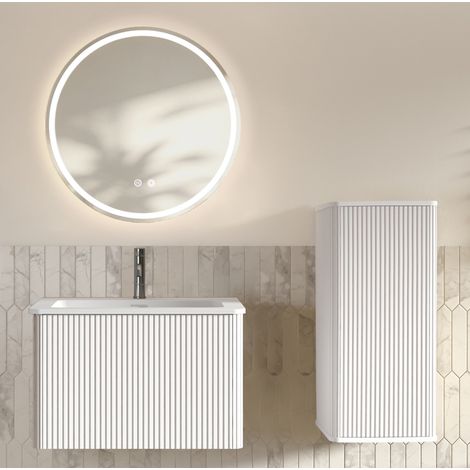 60 cm Badmöbel-Set mit Waschbecken, rundem LED-Spiegel und weißem Seitenschrank (1/5)