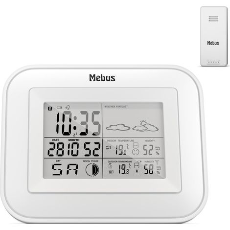 MEBUS Funk-Wetterstation mit Außensensor, Komfortindikator, Temperatur, Luftfeuchtigkeit (innen und außen), Raumthermometer, Wettervorhersage, Mondphasen, Farbe: Weiß, Modell: 40649 (1/4)