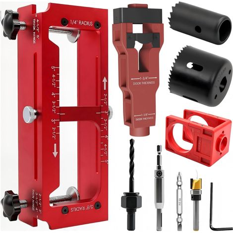 Gabarit à Charnière de Porte en Alliage Aluminium 6061 Haute Gamme Rouge, Kit Complet avec Outil de Démontage, Fraises et Accessoires pour Menuiserie (1/5)