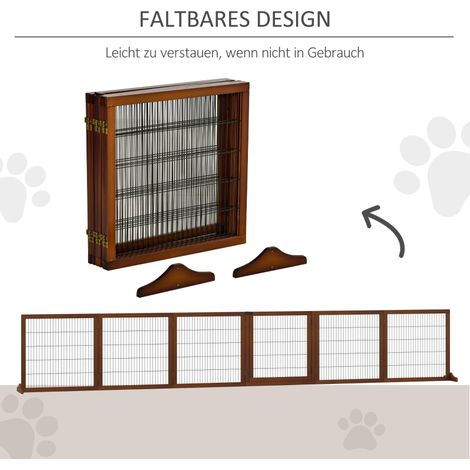 Barrière de sécurité pour chien, pliable, en pin massif, 432 x 36 x 70 cm, couleur café, clôture intérieure extensible, idéale pour couloir et porte. (1/5)