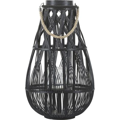 Linterna de madera de bambú negro y cristal 56 cm interior exterior escandinavo Tonga