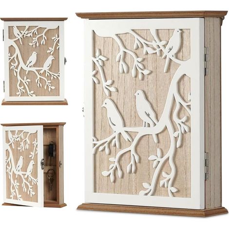Schlüsselbox aus Holz, dekorativer Schlüsselschrank, Wandschlüsselhalter mit 6 Schlüsselhaken, für Eingangsbereich, Schlafzimmer, Flur, Garage, Büro – Vintage-Weiß, 26,5 x 20 x 6 cm