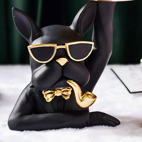 Plateau de statue décoratif bouledogue en résine synthétique, rangement de bijoux, figurine, assiette de fruits pour salon chambre à coucher noir (1/5)