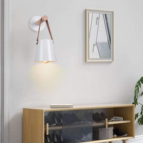 Set di 2 applique da parete in legno naturale con paralumi pendenti e attacchi E27 per corridoio, camera da letto, soggiorno, bianco (lampadina non inclusa) (1/4)