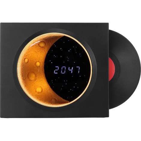Réveil rétro Bluetooth style tourne-disque vintage avec veilleuse lune et étoiles, noir (1/5)