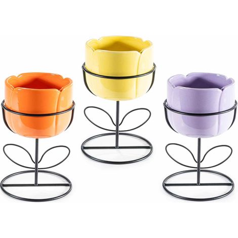Vases tulipe en céramique colorée sur pied en métal noir, lot de 6, diam. 11,5 cm x H. 17,5 cm