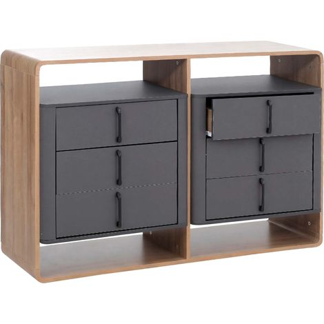 Commode HWC-P43, buffet haut, 6 tiroirs en MDF, 80 x 120 x 42 cm - aspect chéne Rivera, gris foncé