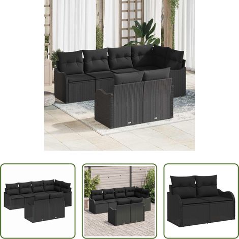 Canapé en rotin - Ensemble de canapé de jardin avec coussin 7 pcs Noir Poly rotin (1/5)