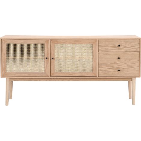 Buffet 2 portes 3 tiroirs en bois et cannage naturel 170 cm - Eden (1/5)