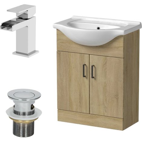 650mm Oak Bathroom Vanity Unit Basin Freestanding Chrome Waterfall Tap & Waste (1/5)
