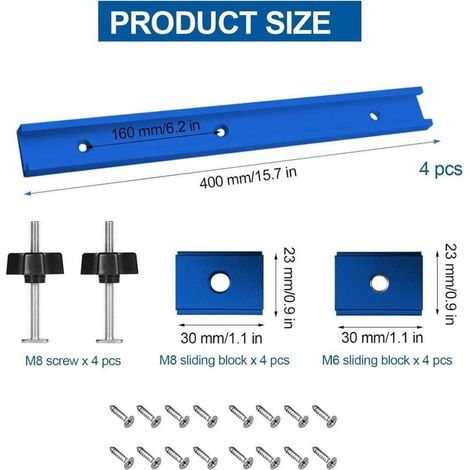 Lot de 4 Rail de Guidage Scie Sur Table, Rails Aluminium T Track de 400mm, M8, M6 Rail en T Avec Accessoires Complets pour Outil de Travail du Bois (1/5)