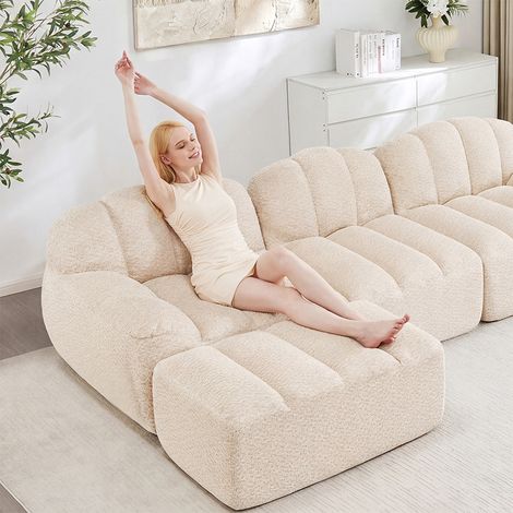 Canapé d’angle modulable 3 places 288 x 165 x 79 cm - Tissu bouclette beige blanc - Pouf, mousse 32D (1/5)