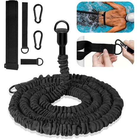 Sangle de natation plus large pour adulte - 10 cm de large - Système de contre-courant réglable de 4 à 12 m - Avec 2 boucles de rechange en acier inoxydable 304 - Convient pour l'entraînement de (1/5)