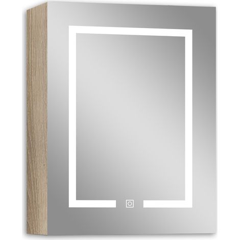 Acezanble Armoire de Toilette avec Miroir LED Anti-Buée  Chêne 60x70 cm  Éclairage 3 Couleurs et Prise Rasoir