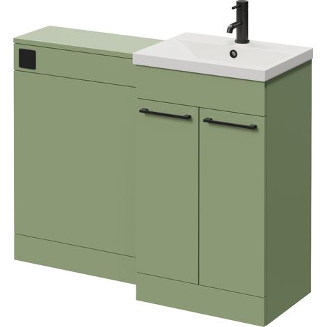 Napoli 390 Cento Olive Green 1100mm 2 Door Vanity Unit Toilet Suite with Glide Basin - 1100mm - Matt Black 160mm HandleWithout Kingston Toilet Pan