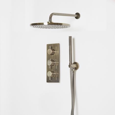 Milano Clarus 2 Outlet Triple Thermostatic Mixer Shower Valve with Wall Mounted 300mm Round Rainfall Shower Head and Hand Shower Handset Kit - Brushed Brass (1/5)