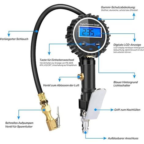 Digital Pressure Gauge Digital Tire Pressure Gauge Gun Inflating For Car Truck SUV Motorcycle Bike with LCD Display, Air chuck and Double Head Rod 200PSI (1/4)