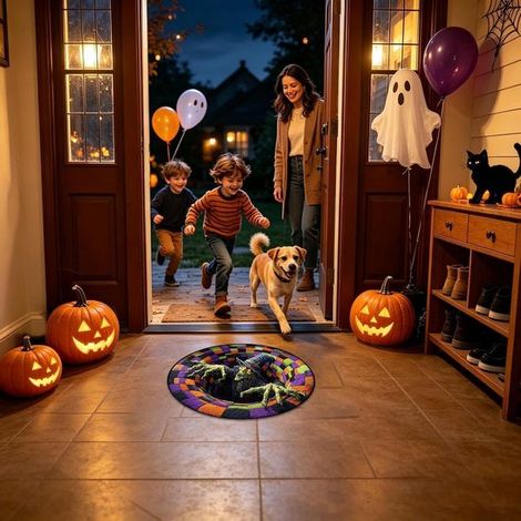 Tapis rond d'Halloween 60×60 cm, tapis à illusion d'optique 3D avec sorcière, motif losanges patchwork, tapis de sol antidérapant, décoration intérieure, accessoire effrayant pour une fête d'Halloween