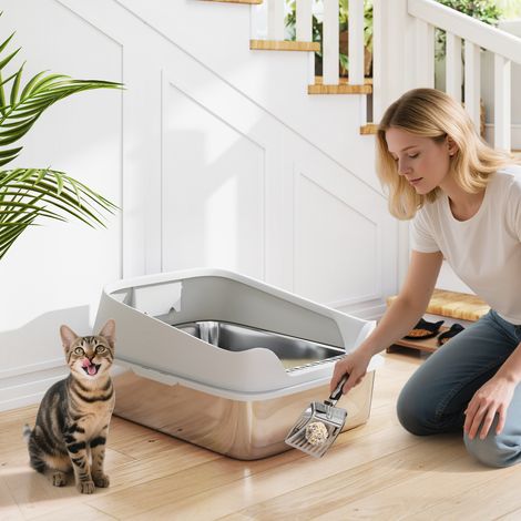 Bac à litière XXL 70x50x30 cm gris en acier inoxydable avec un bord haut, facile à nettoyer, résistant aux fuites