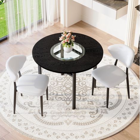 Set tavolo rotondo moderno minimalista con 2 sedie bianche in PU, tavolo ø 100 cm effetto legno nero (1/5)