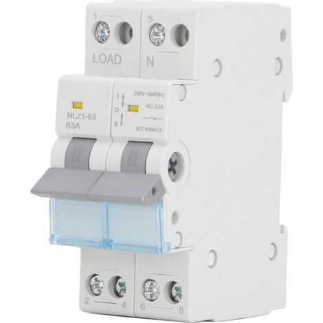 Manual dual-power transfer switch, 230VAC, 63A, 35mm, DIN rail mounting, single-sided locking circuit breaker, 2P (1/5)
