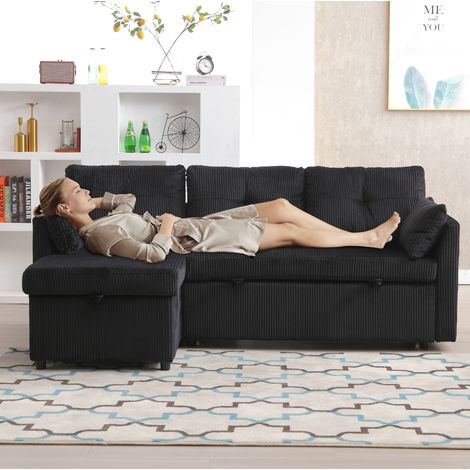 Canapé convertible en velours côtelé noir 206 x 108 x 66 cm avec coffre et méridienne réversible (1/5)