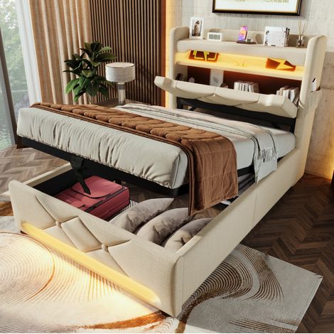 Polsterbett 90/200 cm beige aus Leinen mit LED, USB-C und hydraulischem Stauraum (1/5)