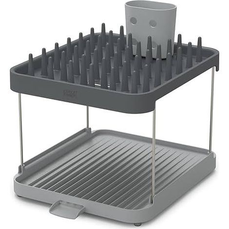Escurridor de platos de 2 niveles, Joseph Joseph, Duo, ideal para espacios compactos, con boquilla de desagüe, recipiente para cubiertos extraíble y estructura plegable
