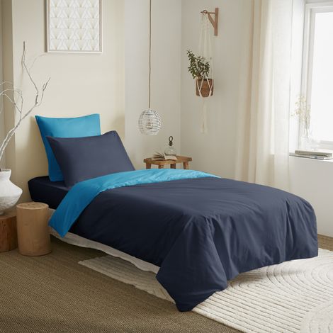 Pack complet 4 pièces Marine/Turquoise réversible housse de couette pour lit 90 x 190 cm - Turquoise - (1/2)