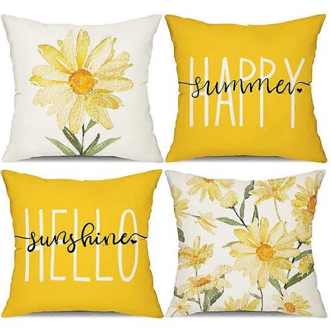 Housses de coussin d'été 45x45 cm, lot de 4, style champêtre, motif marguerites, pour décorer votre canapé. (1/5)