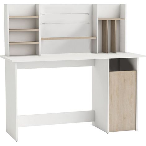 Bureau Blanc et Chêne Brossé avec Rangements – Placard Fermé et Etagères – Petit Bureau 50x135x74 cm Idéal pour Chambre Adulte, Ado ou Enfant (1/2)