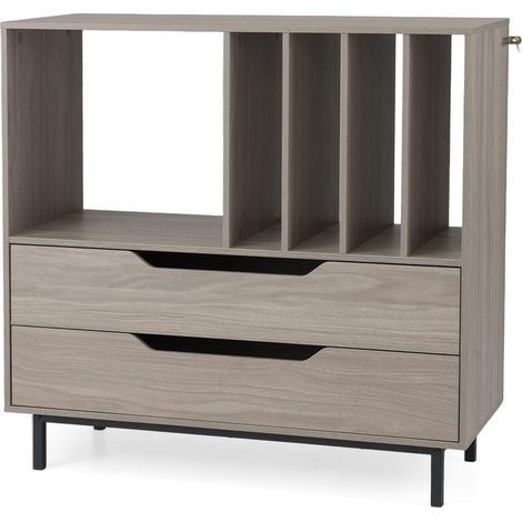 Rangement Optimal de Disques Meuble Platine Vinyle avec 2 Tiroirs et 4 Bacs Table Audio Vintage Salon Gris (1/2)