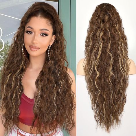 Extension de queue de cheval de luxe - Perruque ondulée effet vague - Perruques longues pour femmes - Pince à cheveux et cordon de serrage - 75 cm - 220 g - Mélange brun doré (12H24) (1/5)
